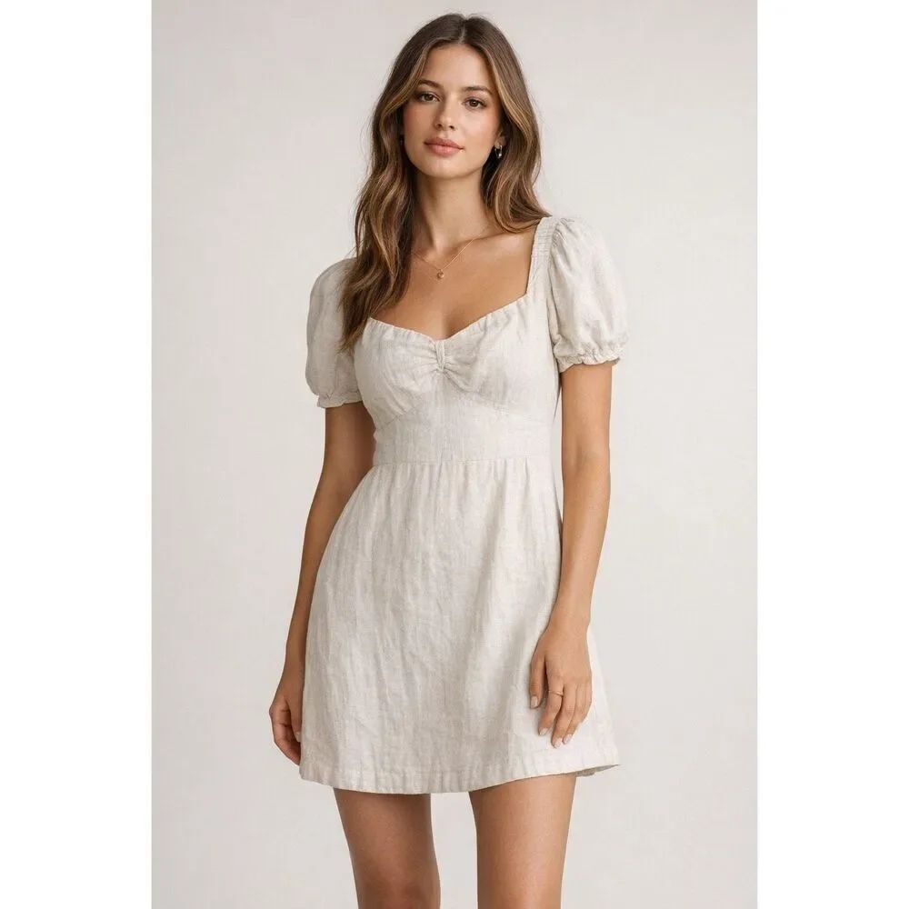 Japna Linen Blend Mini Dress XS Cream Puff Sleeve Tie Back